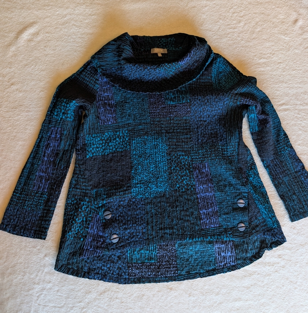 Habitat Teal Blue & Black Abstract Patchwork Cowl Neck Shirt Top Size Small